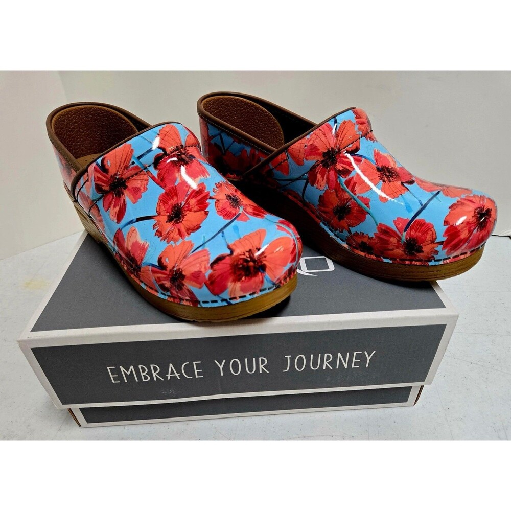 Dansko Professional Floral Patent Clogs Poppies Print Size 40 US 9.5-10 NIB